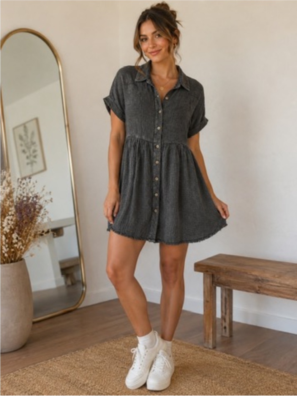 Umgee M Raw Hem 100% Cotton Button Down Mini Dress Tunic Boho Tiered Babydoll